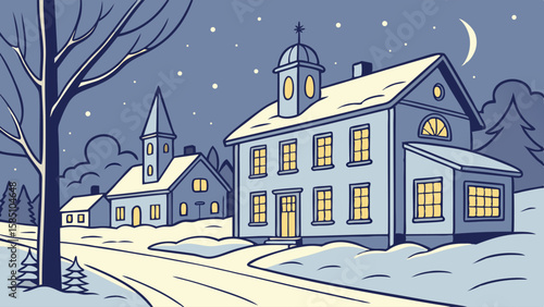 A charming winter night scene depicting snow-covered buildings, including a church, illuminated under a crescent moon and starry sky.