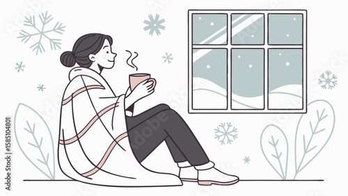Woman enjoying a warm drink while sitting by a window during a snowstorm.