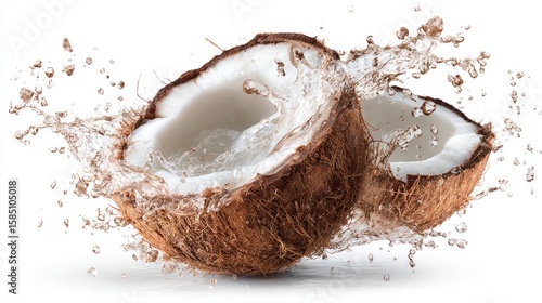 Fresh coconut milk drink in a glass jar with coconut halves displayed on a wooden surface.