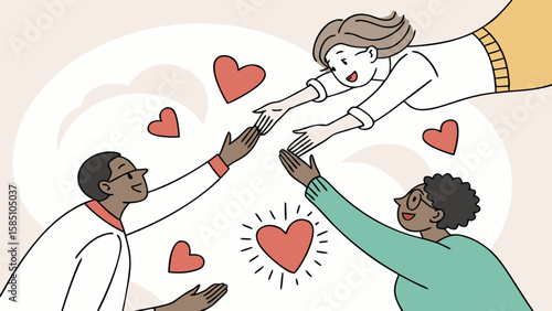Diverse people reaching out to each other with hearts floating around in a supportive environment of love