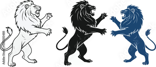 Majestic lions in various colors standing powerfully, ideal for heraldry or design elements requiring strength and regal representation.