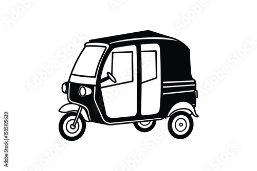 Silhouette of a three-wheeled auto rickshaw, featuring a rounded roof, enclosed driver area, and two distinct wheels at the back. The design is simplistic and bold, rendered entirely in black.