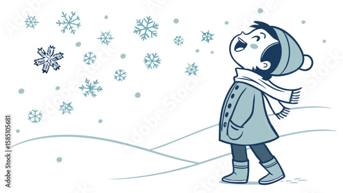 A happy child in winter clothes looks up in delight as snowflakes fall around them.