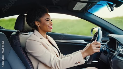 A woman with a smile on her face driving an electric car. The car has a sleek design and appears to be an advanced, modern vehicle.