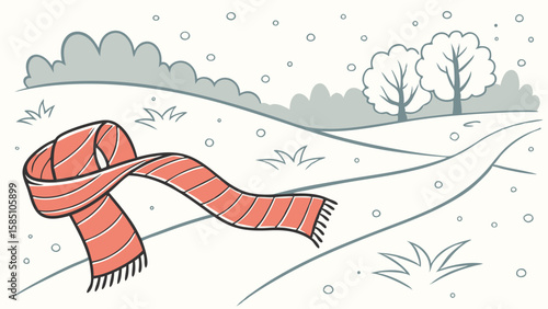 A red scarf lies on a snowy landscape with hills, trees, and falling snowflakes.