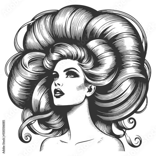 woman with an enormous, intricately curled hairstyle, blending surrealism, elegance, and vintage artistic style sketch engraving generative ai vector illustration. Scratch board. Black and white image