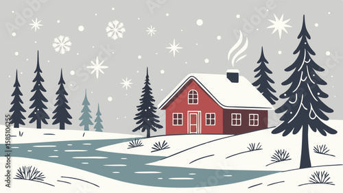 A charming winter scene featuring a red cabin nestled among snow-covered trees and a flowing stream.