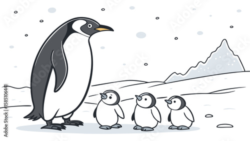 Illustration of an adult penguin standing with three baby penguins in a snowy landscape.