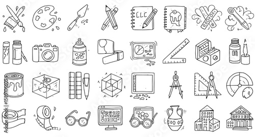 Hand Drawn Art, Design, Photography, and Architecture Tools Doodle Icons