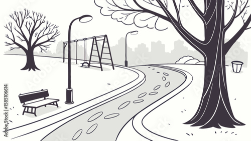 A serene park scene with a winding path, bare trees, a swing set, and a park bench, suggesting a quiet, possibly winter day.