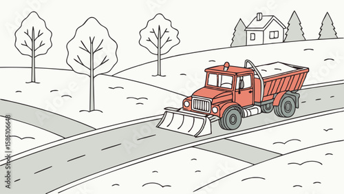 A red snowplow truck clearing a road on a snowy day with trees and a house in the background.