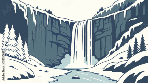 Winter landscape with a waterfall cascading down a snowy mountainside, surrounded by evergreen trees and snow-covered rocks.