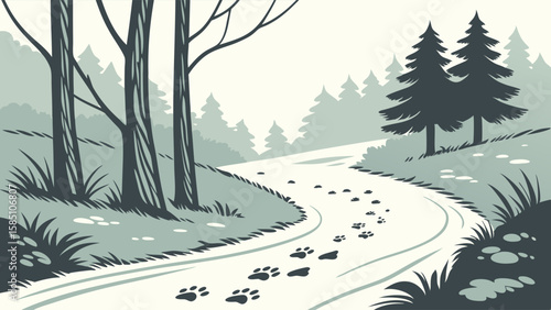 Illustration of a winding road through a forest with animal tracks.