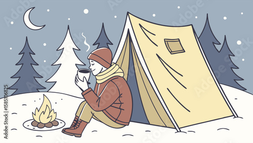 Person enjoying a hot drink by a campfire in a snowy winter camping scene.
