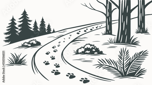 Winding path through forest with animal paw prints.