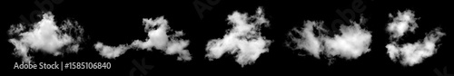 A collection of white fluffy clouds isolated on a black background. Abstract cloud, dark grey storm condensation. Concept effect design smoke fog, smog cloudy cutout. Mist overlay on Sky Summer