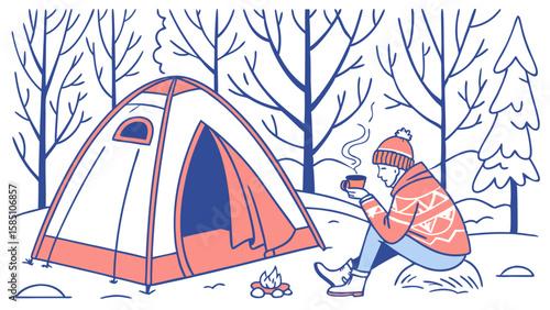 A person in winter clothes enjoys a hot drink by a campfire next to a tent in a snowy forest.