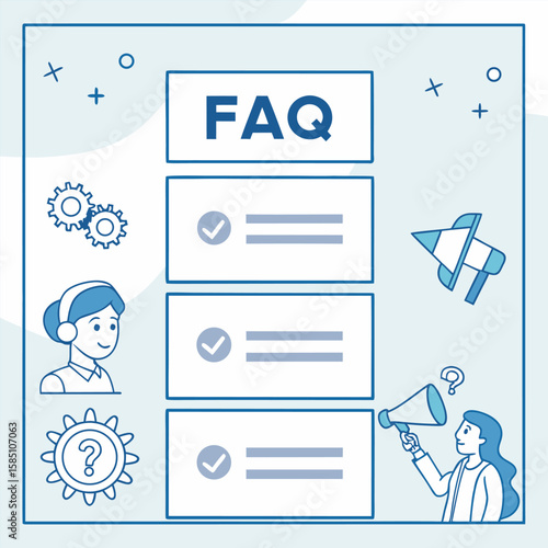 Illustration of faq list with customer support representative and megaphone on a light blue background