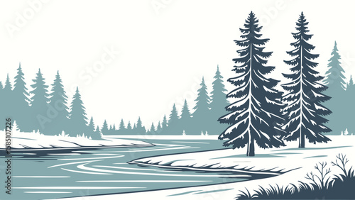 A serene winter landscape featuring a river flowing through a snow-covered forest with evergreen trees.