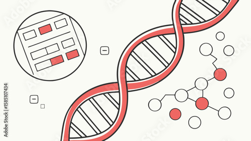 Illustration of a DNA double helix structure with molecular components and genetic data analysis.