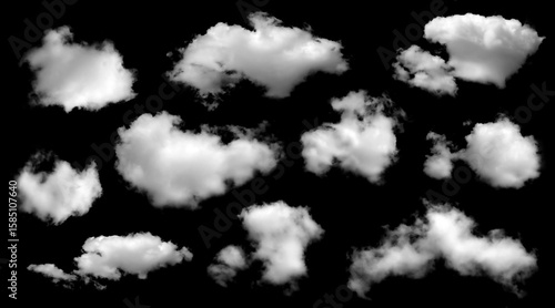 A collection of white fluffy clouds isolated on a black background. Abstract cloud, dark grey storm condensation. Concept effect design smoke fog, smog cloudy cutout. Mist overlay on Sky Summer
