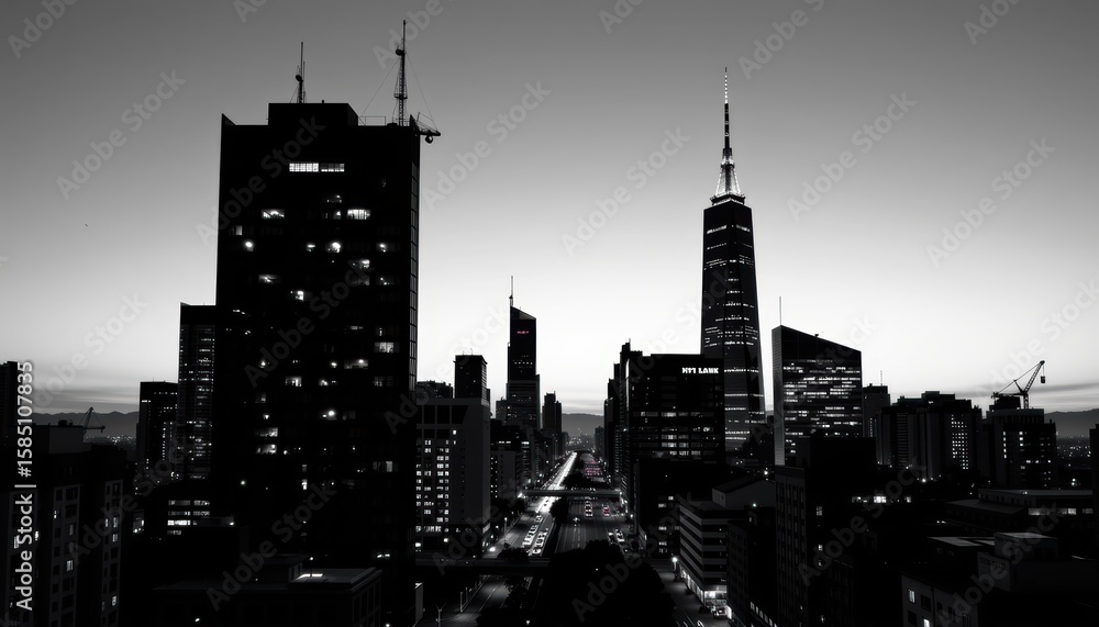 Fototapeta premium City skyline at dusk in black and white.