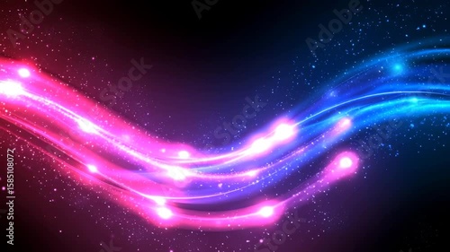 Abstract Wave of Glowing Blue and Pink Light Streaks with Sparkling Particles.