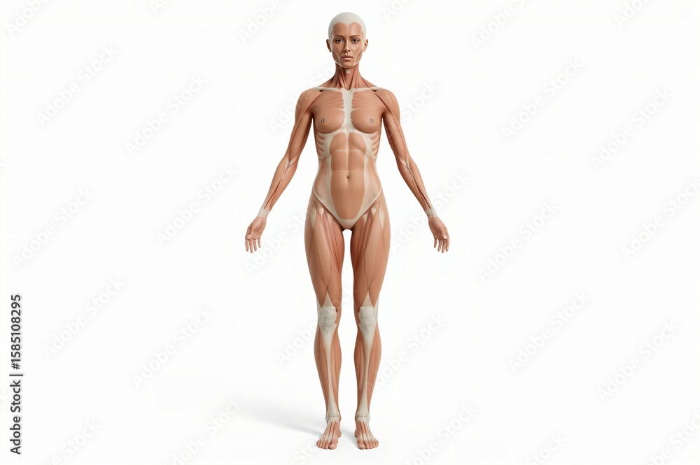 Female anatomy, muscular system, 3D render, white background, medical illustration Female anatomy, muscular system, 3D render, white background, medical illustration