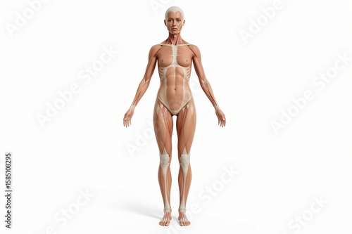 Female anatomy, muscular system, 3D render, white background, medical illustration