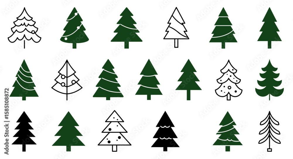 Obraz premium Diverse pine and fir tree icons in linear and silhouette styles
