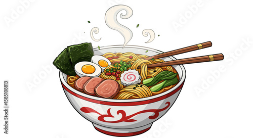 Delicious ramen bowl with boiled eggs and vegetables