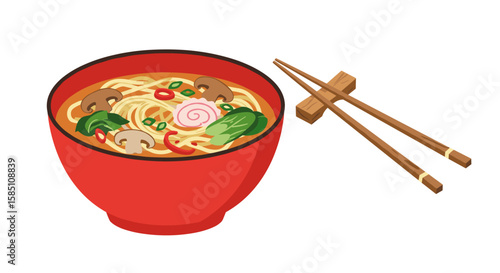 Delicious japanese ramen in red bowl with chopsticks