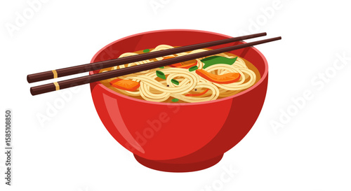 Delicious bowl of asian noodles with chopsticks on white background