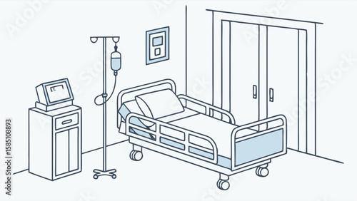 A detailed illustration of a hospital room featuring a medical bed, an IV drip, and monitoring equipment.