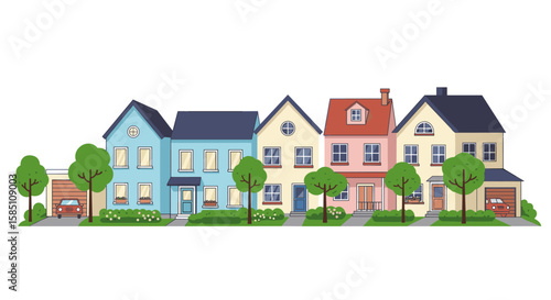 Charming row of colorful suburban houses with lush greenery