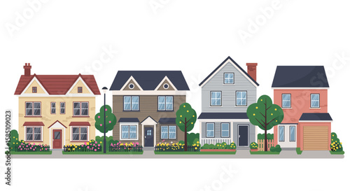 Charming suburban houses with gardens in flat design on a white background