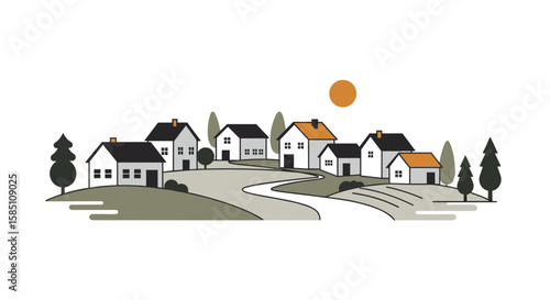 Minimalist suburban landscape with houses under the sun