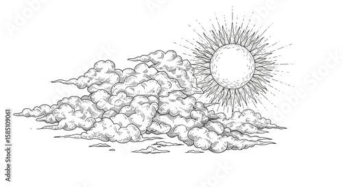 Hand drawn cloudscape with sunburst in retro engraving style