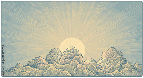 Vintage sunrise with radiant sun rays and rolling clouds in retro style