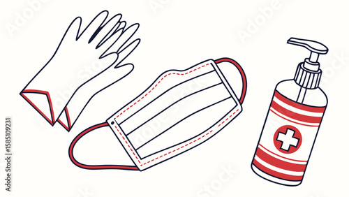 Illustration of protective equipment: gloves, face mask, and hand sanitizer bottle.