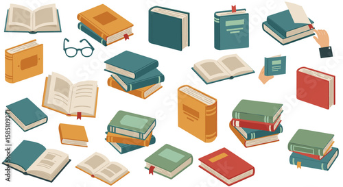 Isometric books and reading elements in retro colors for educational and literary designs
