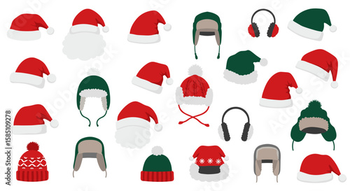 Festive winter hats and accessories collection: santa, knit, earflap, earmuffs