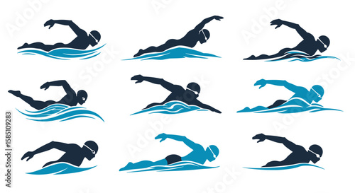 Dynamic swimming silhouettes: nine energetic swimmers in motion