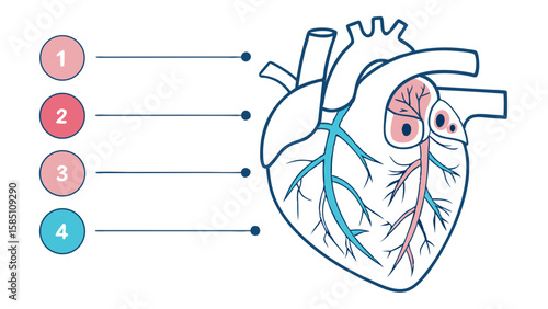 Detailed anatomical diagram of the human heart, highlighting major blood vessels and chambers.