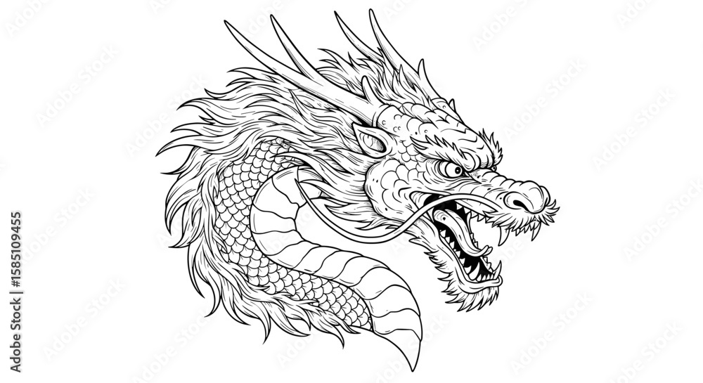 Obraz premium Intricate dragon head with scales and fangs in black and white line art style