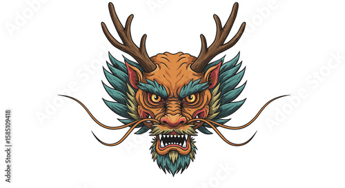 Mythical dragon head with antlers: detailed tattoo design with fierce expression