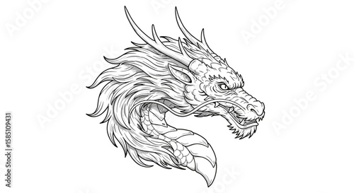 Intricate dragon head line art with flowing mane and detailed features