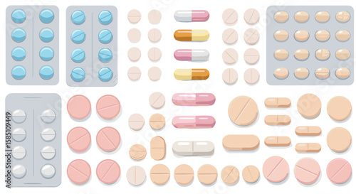 Assorted medicine tablets and pills on white background