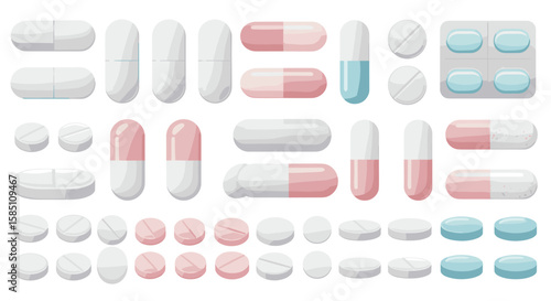 Assorted medical pills and capsules on white background