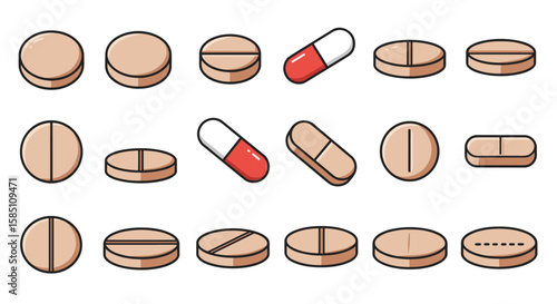 Flat style medicine capsules and tablets collection for healthcare design